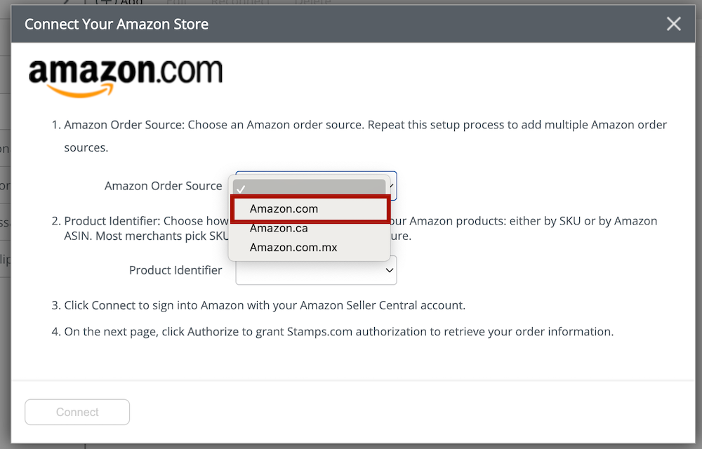 The connect amazon popup shows the Amazon Order Source drop-down with amazon.com marked.