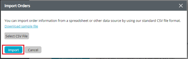 Endicia Import orders popup. Box highlights import button