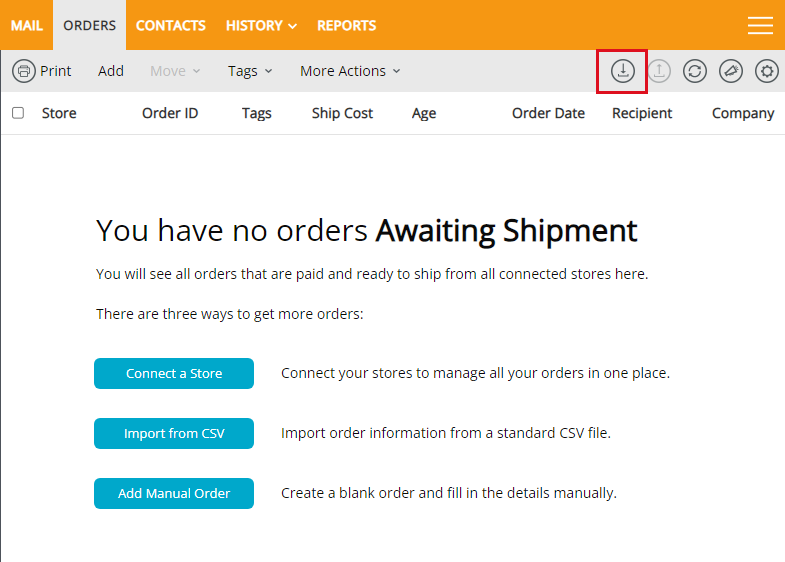 Endicia Orders tab. Box highlights Import button