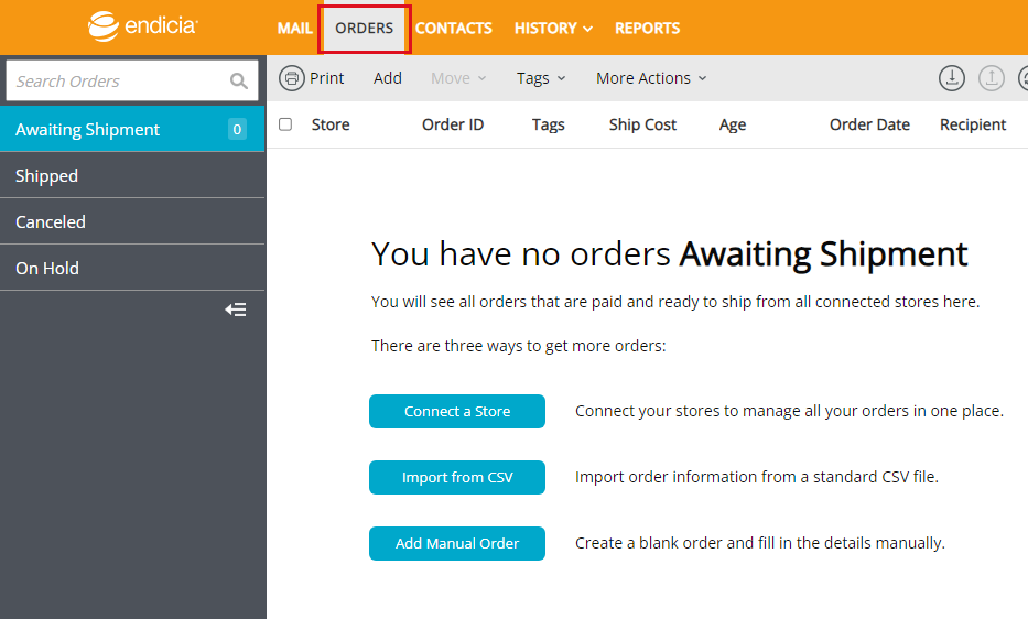 Endicia. box highlights Orders tab