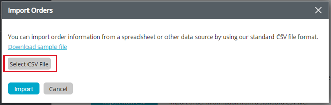 Endicia import orders popup. Box highlights Select CSV File button