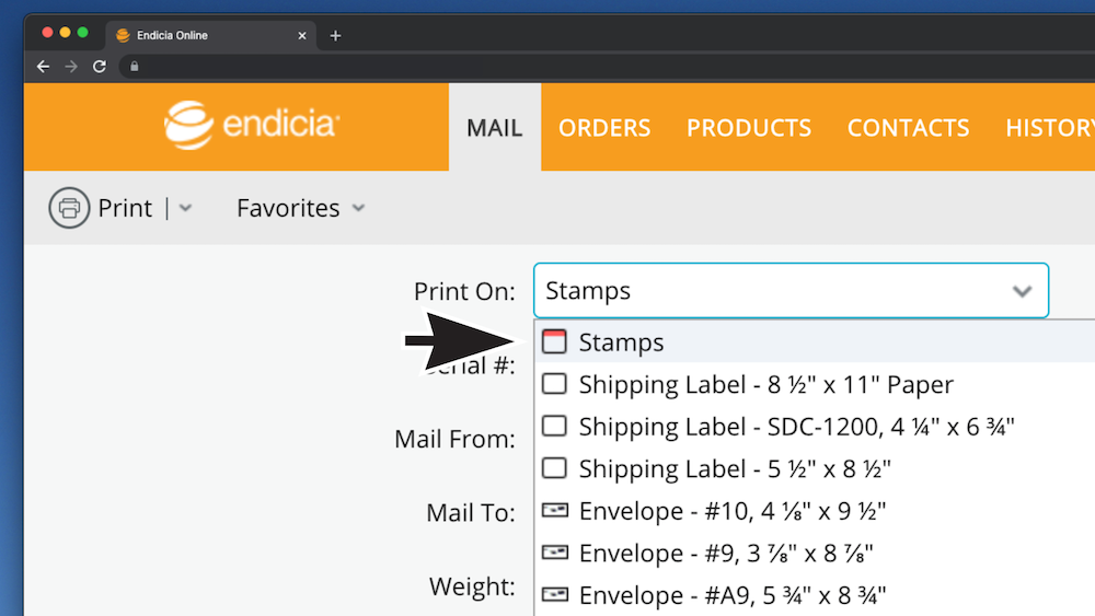 Arrow points to Stamps option in Print-On dropdown menu