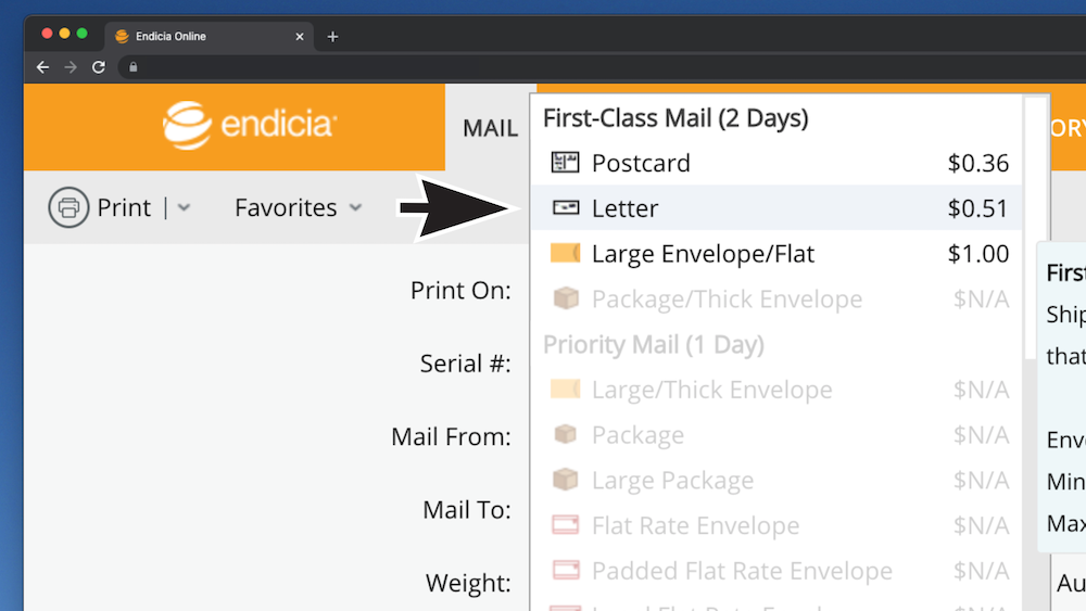 Arrow points to Letter option