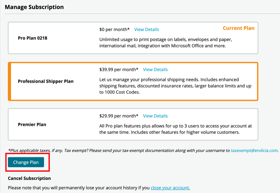 Manage Subscription page. Box highlights Change Plan button