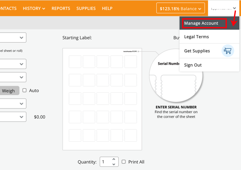 Endicia Username dropdown menu, box highlights manage Account button