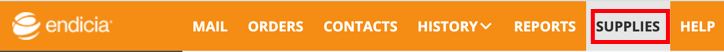 Endicia Toolbar. Box highlights the SUPPLIES tab.