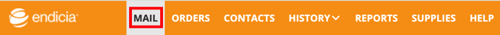 Endicia: Toolbar. Box highlights Mail tab