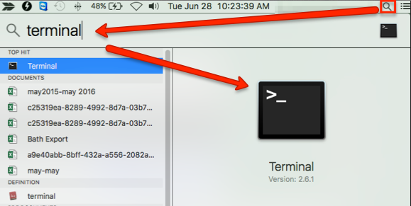 Mac desktop search icon highlighted with "terminal" typed in search bar. Terminal application highlighted in search results.