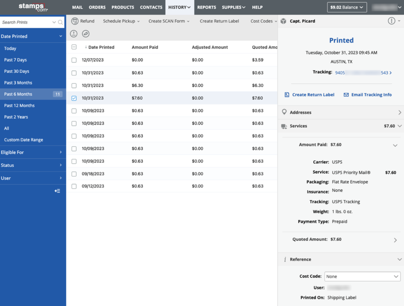 Endicia History Page Overview Endicia