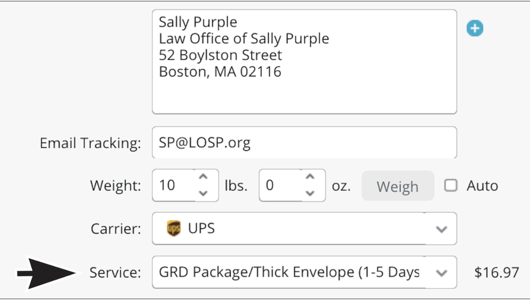 Arrow points to the updated UPS service as it appears in the Service field