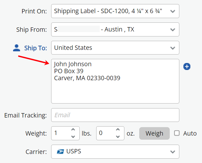Ship To field. Arrow points to auto-filled recipient address