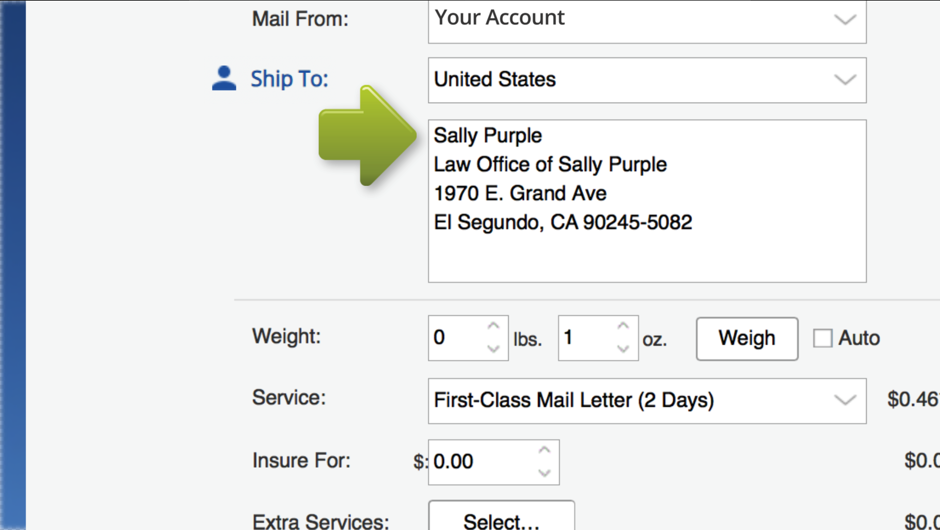 Ship To field. Arrow points to auto-filled address.