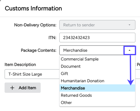 Customs Ino popup. Box and arrow highlight Package Contents dropdown.