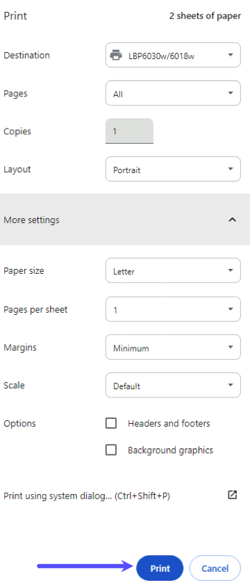 Browser printer settings panel with arrow pointing to Print button