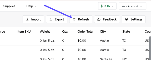 Arrow points to Refresh button on the Orders screen