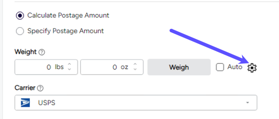 Mail page, arrow points to settings icon next to the Weigh button.