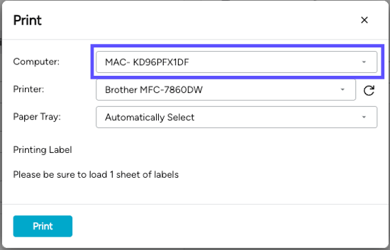 Print pop-up with Computer field drop-down highlighted