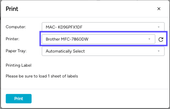 Print pop-up with Printer field drop-down highlighted