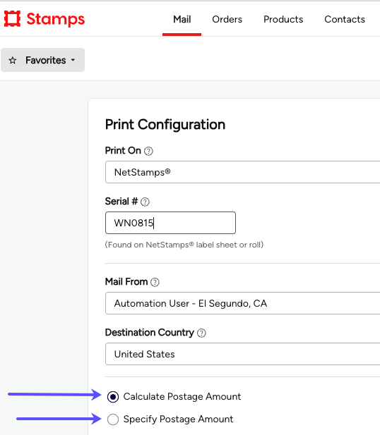 Arrows to radio button options: Calculate Postage Amount, or Specify Postage Amount