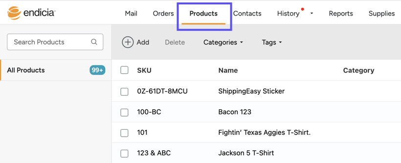 A box highlights the Products tab in the Actions bar