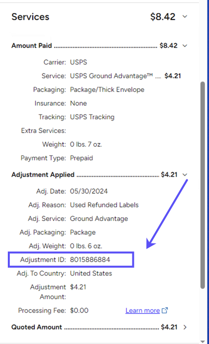 HISTORY tab. Date-Printed. USPS Print. Services menu opened. A box highlights the USPS Adjustment-ID