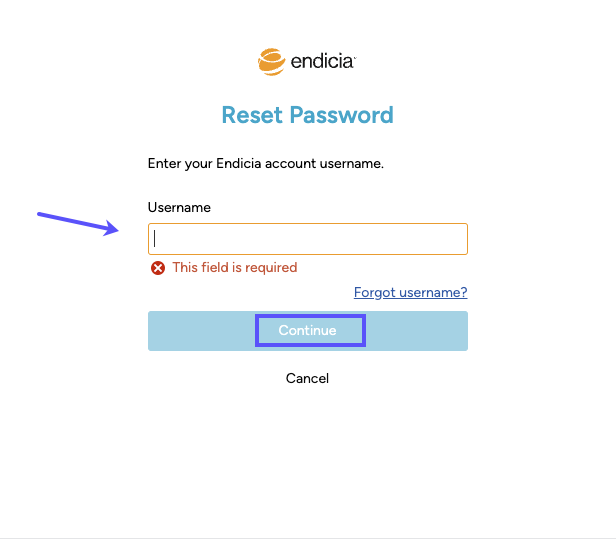 The Endicia forgot password popup shows the username field and a continue button.