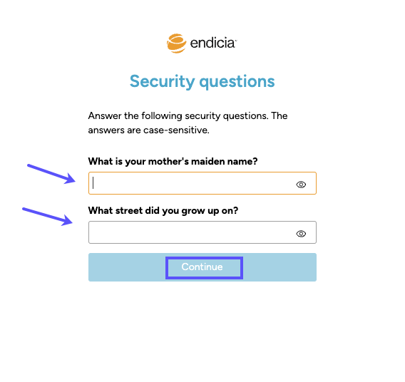 Security-Questions popup. Required fields and Continue button are shown marked.