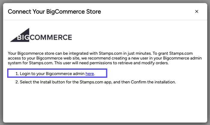 The Connect Your BigCommerce store popup shows Login to your BigCommerce admin here link marked.