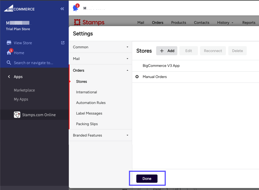 BigCommerce settings window shows the Service Mapping options and the save button marked.