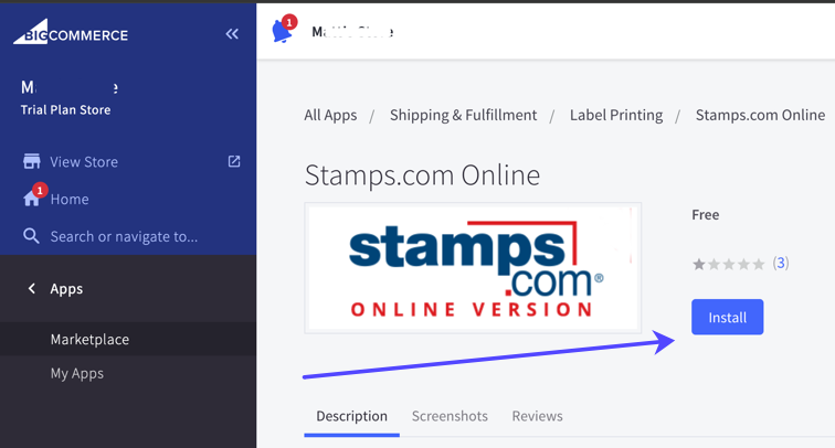 BigCommerce apps shows Stamps.com and the install button marked.