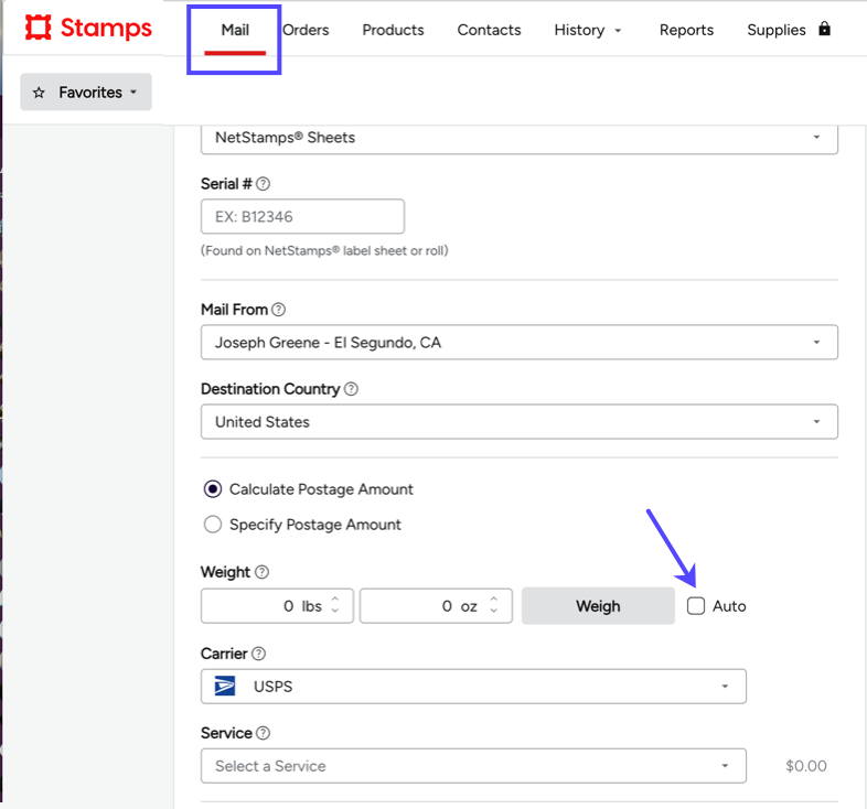 Stamps web. Box on Mail tab.Print Configuration. Arrow to Auto checkbox by weight fields