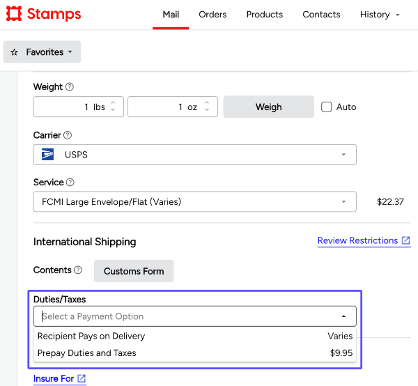 Duties/Taxes drop-down menu showing the recipient pays and prepay options