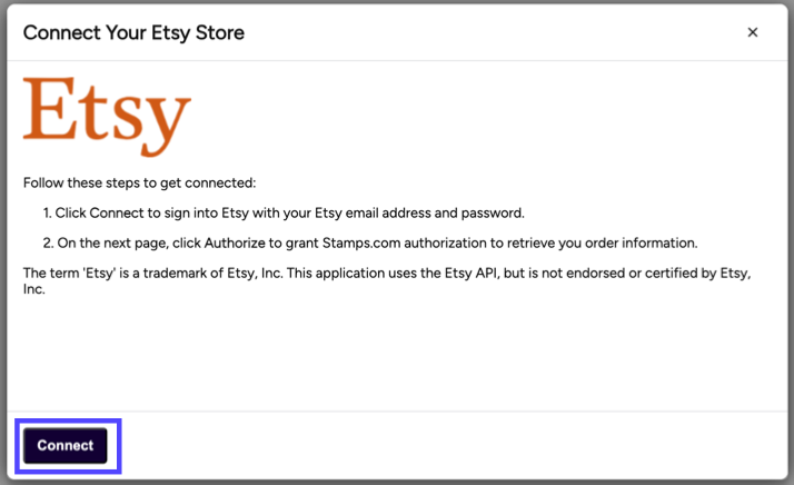 Connect-Your-Etsy-Store popup. The Connect button is shown marked.