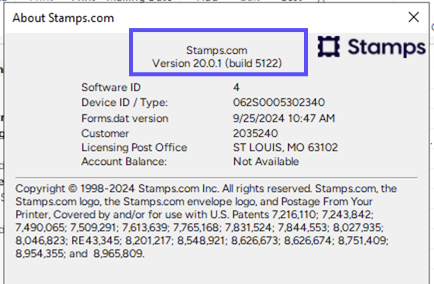 Stamps PC: About Stamps.com popup. Box shows Stamps PC software Version