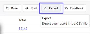 A box highlights the Export button in the Actions bar for Reports.