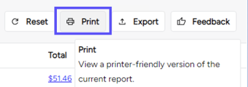 A box highlights the Rpint button in the Reports Action bar