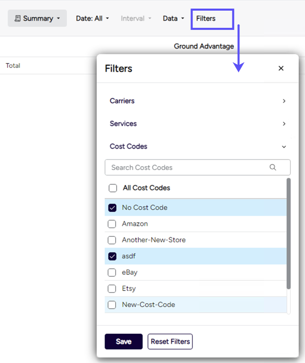Box highlights the Filters dropdown menu. Arrow points to options