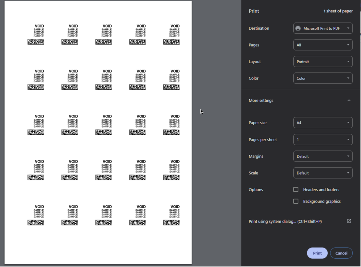 This image shows the NetStamps print settings in a browser.