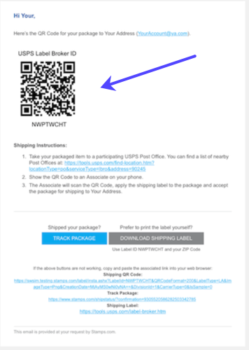 An arrow points to the Return-Label QR Code in an email.