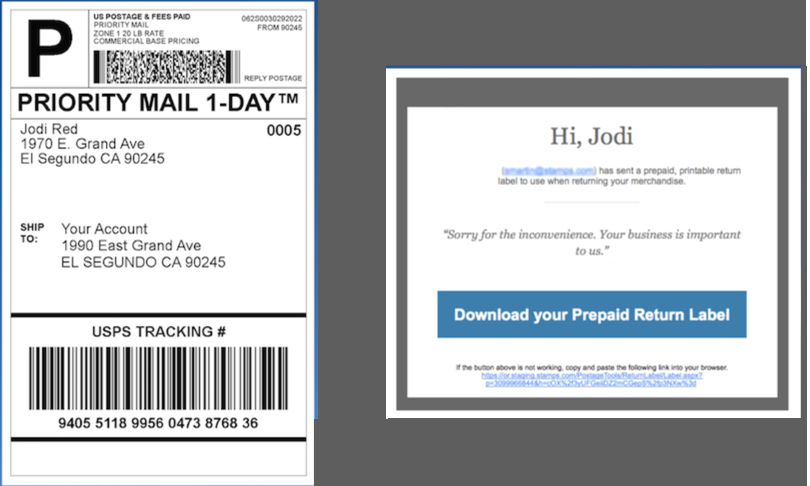Shows a sample return label and the email with a link to the return label.
